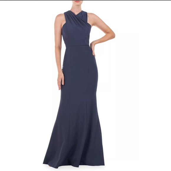 NEW KAY UNGER Prussian Blue TALIA Stretch Crepe PLEATED HALTER Column GOWN 2 - Picture 2 of 12